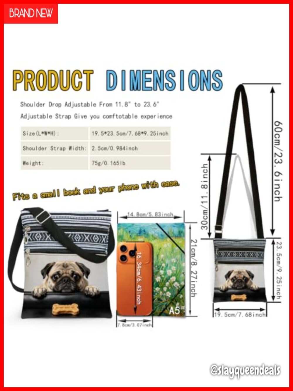 Pug Print Crossbody Bag Boho Polyester Adjustable Strap Multi Zip Purse Small - Picture 3 of 6